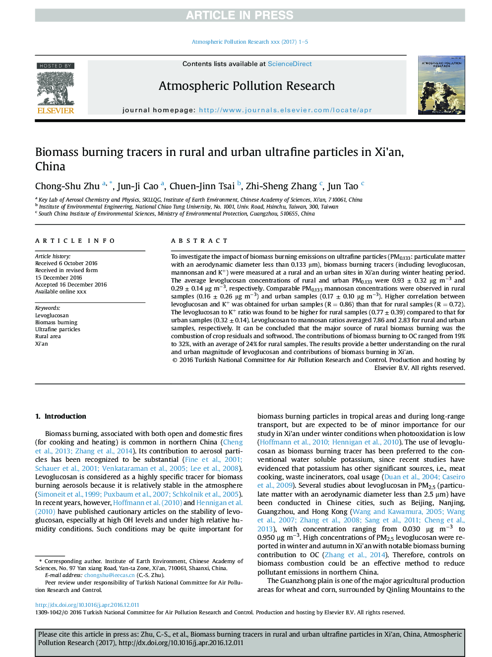 Biomass burning tracers in rural and urban ultrafine particles in Xi'an, China