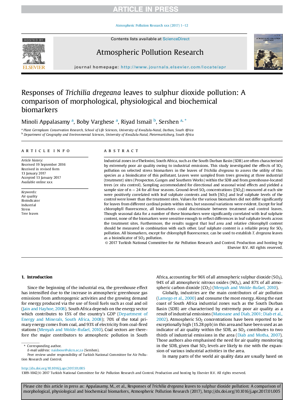 Responses of Trichilia dregeana leaves to sulphur dioxide pollution: A comparison of morphological, physiological and biochemical biomarkers