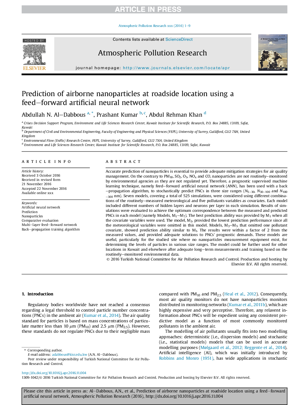 Prediction of airborne nanoparticles at roadside location using a feed-forward artificial neural network