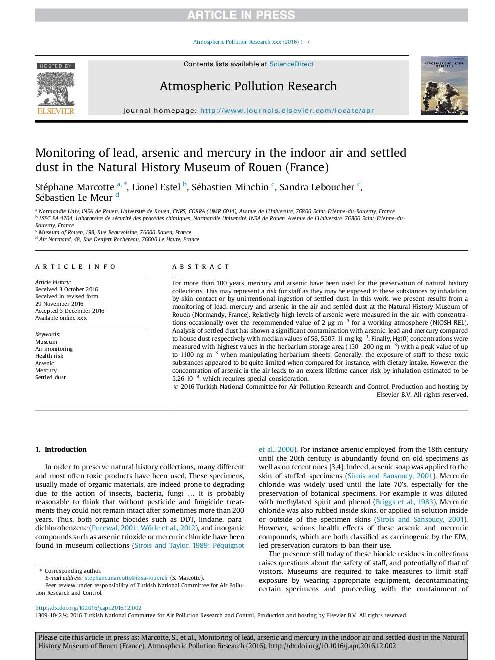 Monitoring of lead, arsenic and mercury in the indoor air and settled dust in the Natural History Museum of Rouen (France)