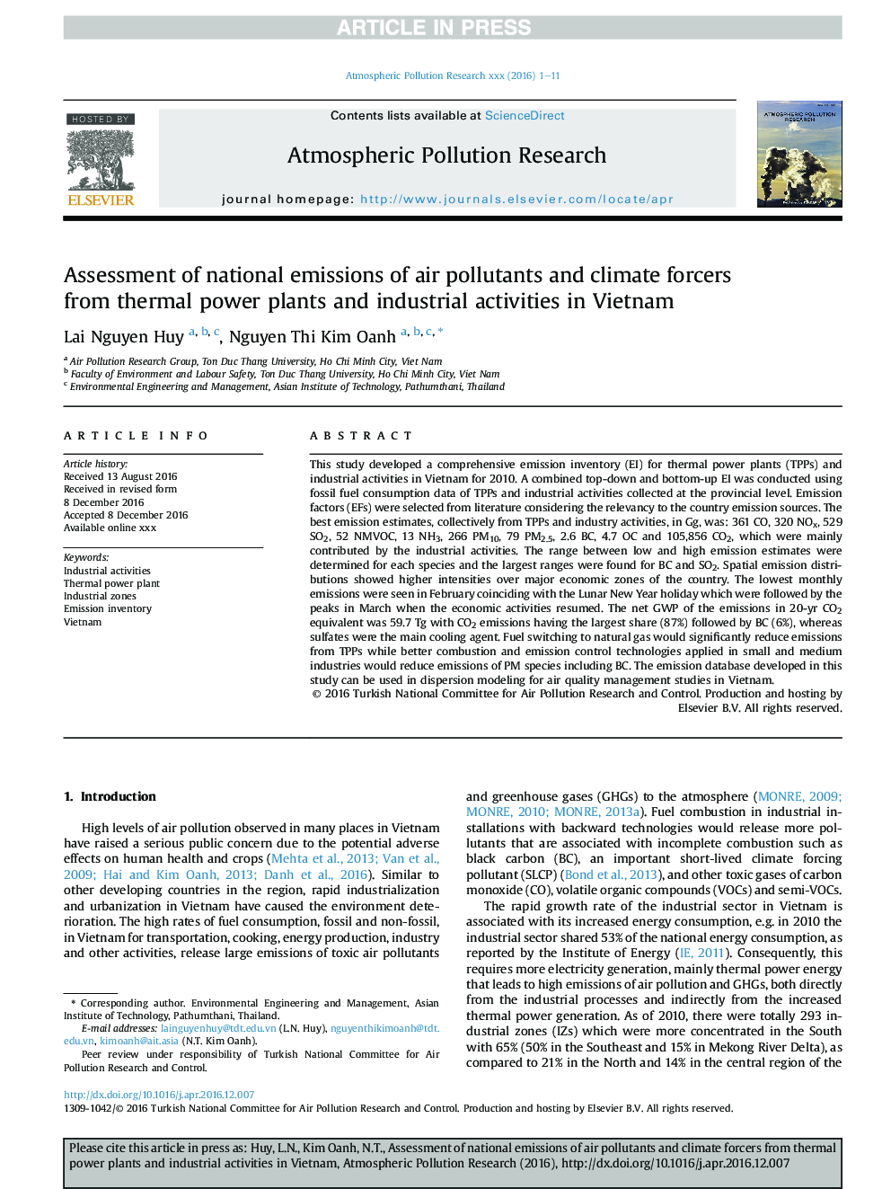 Assessment of national emissions of air pollutants and climate forcers from thermal power plants and industrial activities in Vietnam