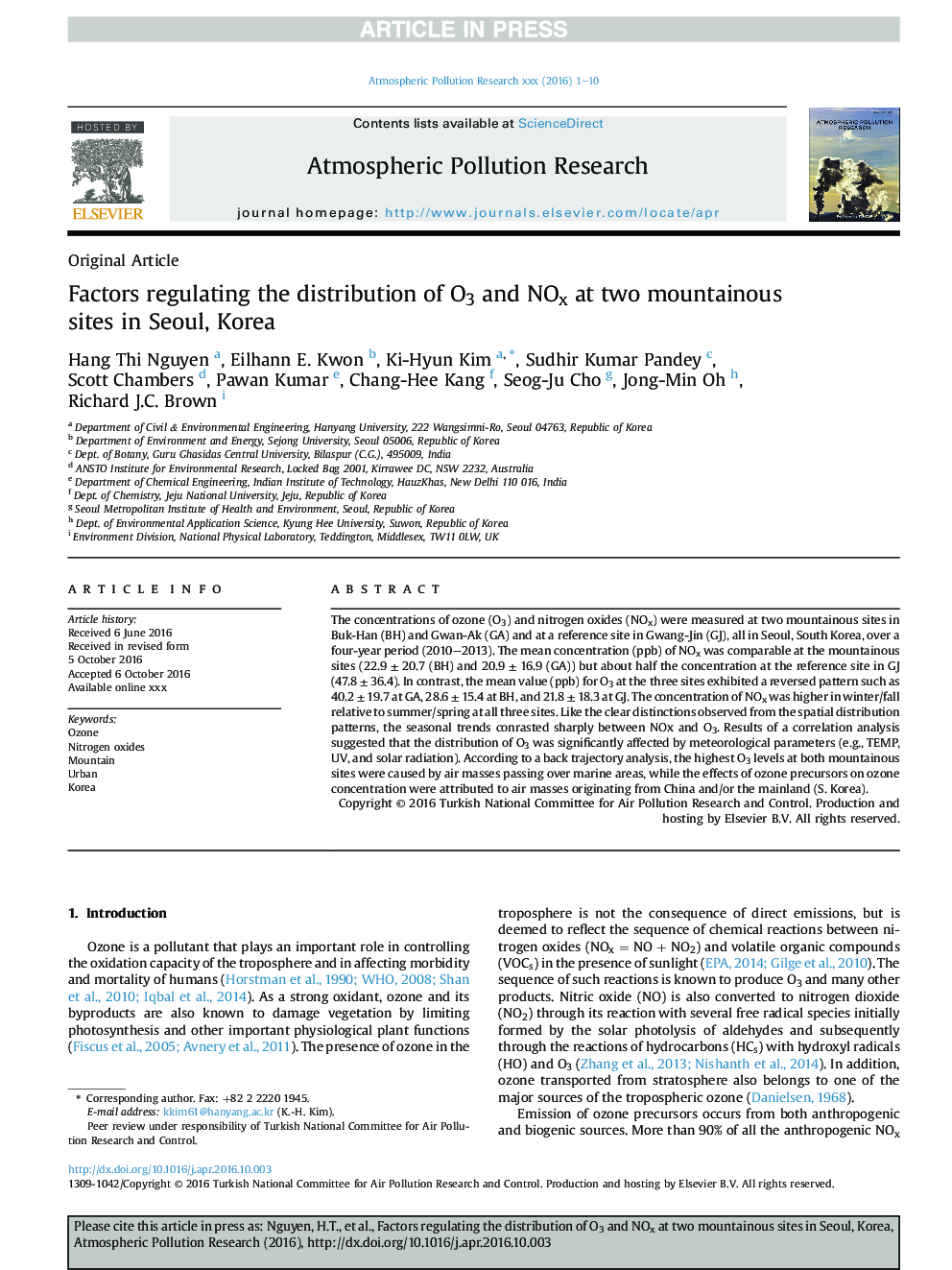 Factors regulating the distribution of O3 and NOx at two mountainous sites in Seoul, Korea