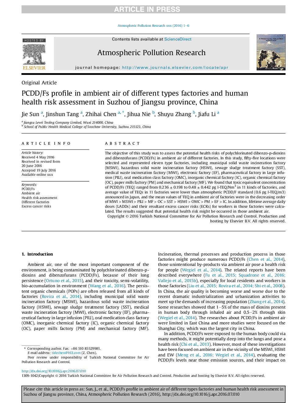 PCDD/Fs profile in ambient air of different types factories and human health risk assessment in Suzhou of Jiangsu province, China