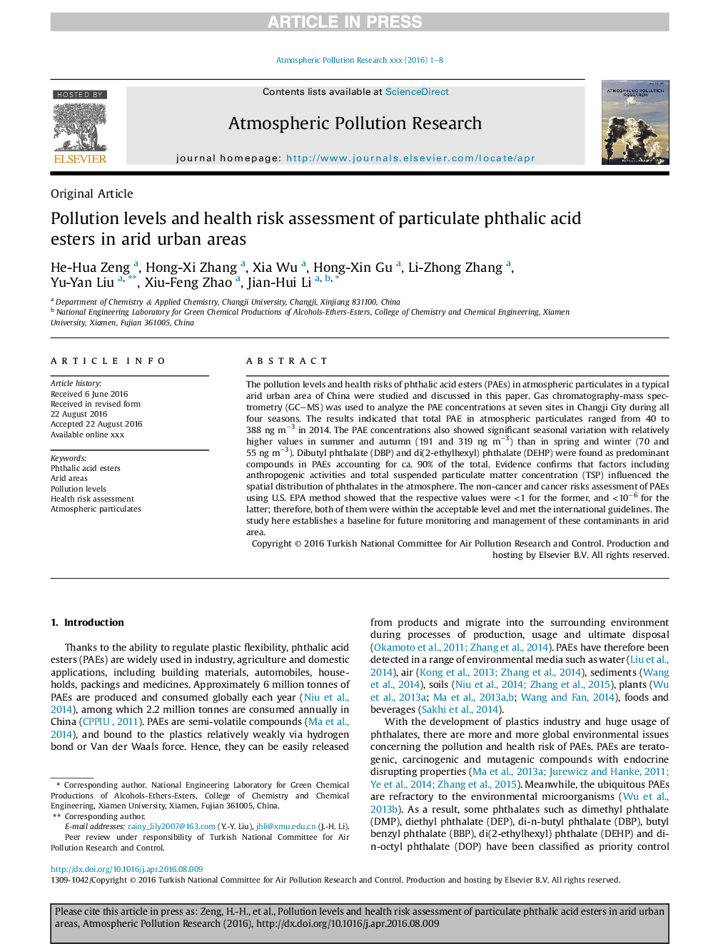 Pollution levels and health risk assessment of particulate phthalic acid esters in arid urban areas