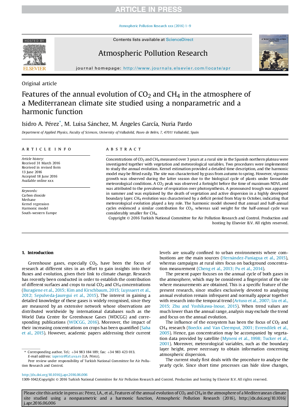 Features of the annual evolution of CO2 and CH4 in the atmosphere of a Mediterranean climate site studied using a nonparametric and a harmonic function