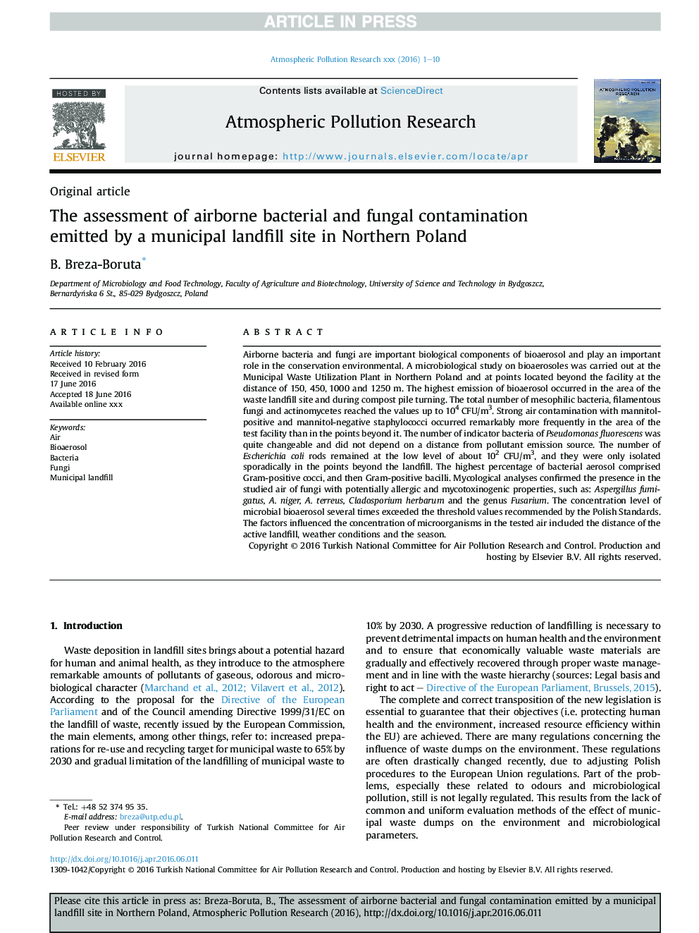 The assessment of airborne bacterial and fungal contamination emitted by a municipal landfill site in Northern Poland