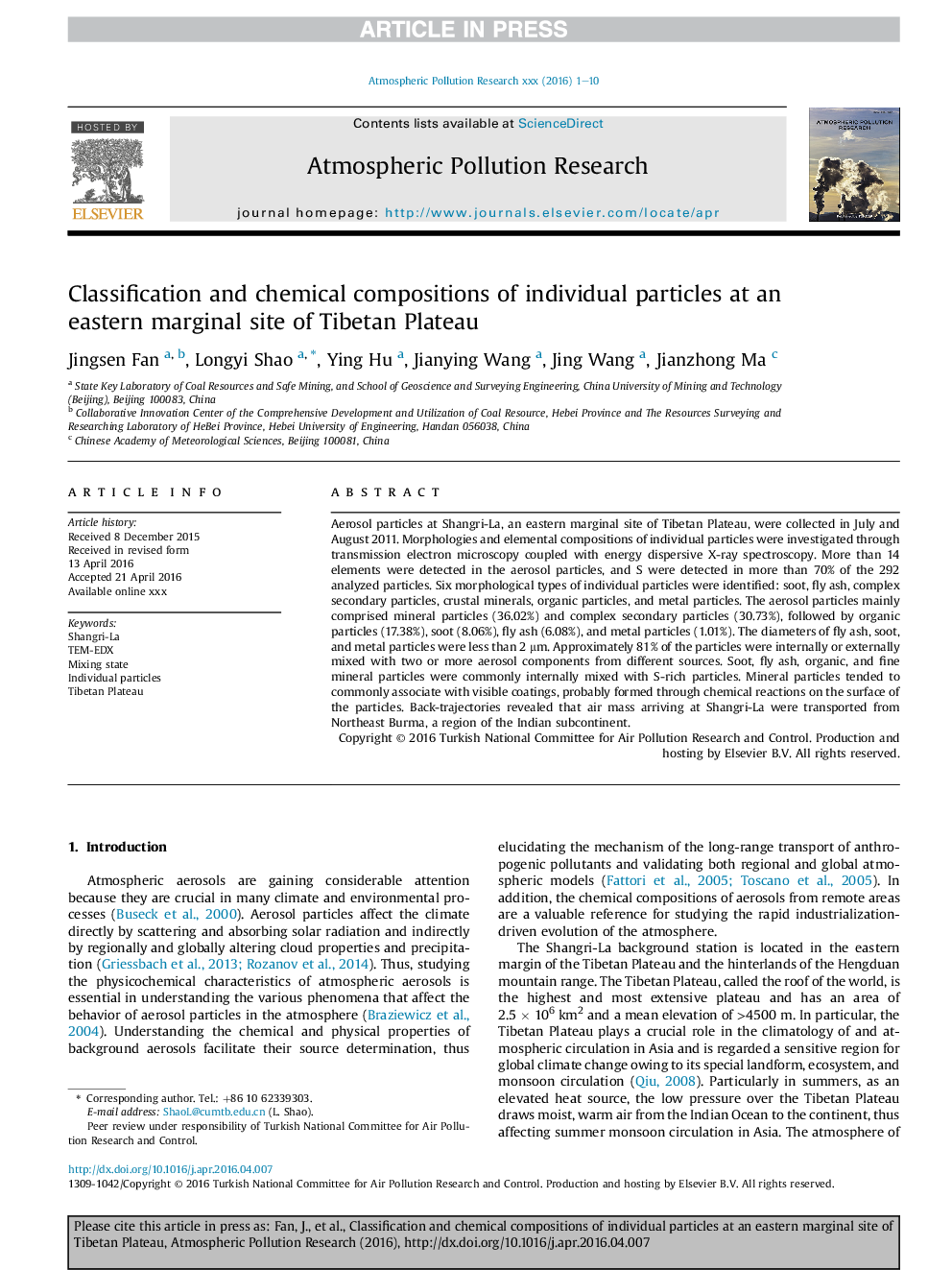 Classification and chemical compositions of individual particles at an eastern marginal site of Tibetan Plateau