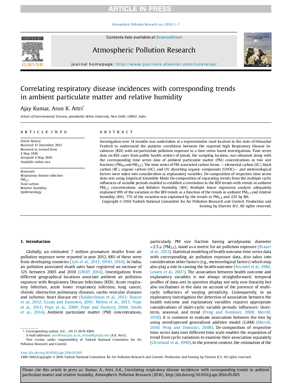 Correlating respiratory disease incidences with corresponding trends in ambient particulate matter and relative humidity