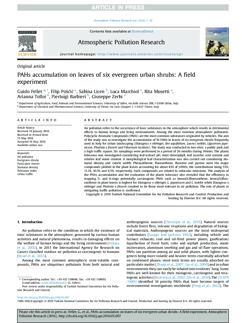 PAHs accumulation on leaves of six evergreen urban shrubs: A field experiment