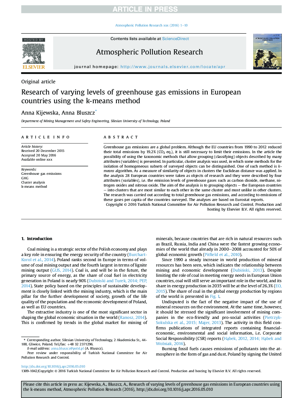 Research of varying levels of greenhouse gas emissions in European countries using the k-means method