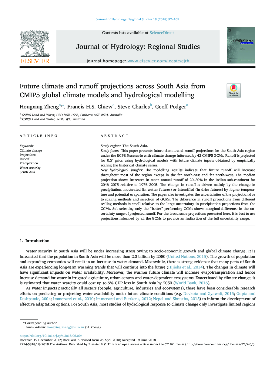 Future climate and runoff projections across South Asia from CMIP5 global climate models and hydrological modelling