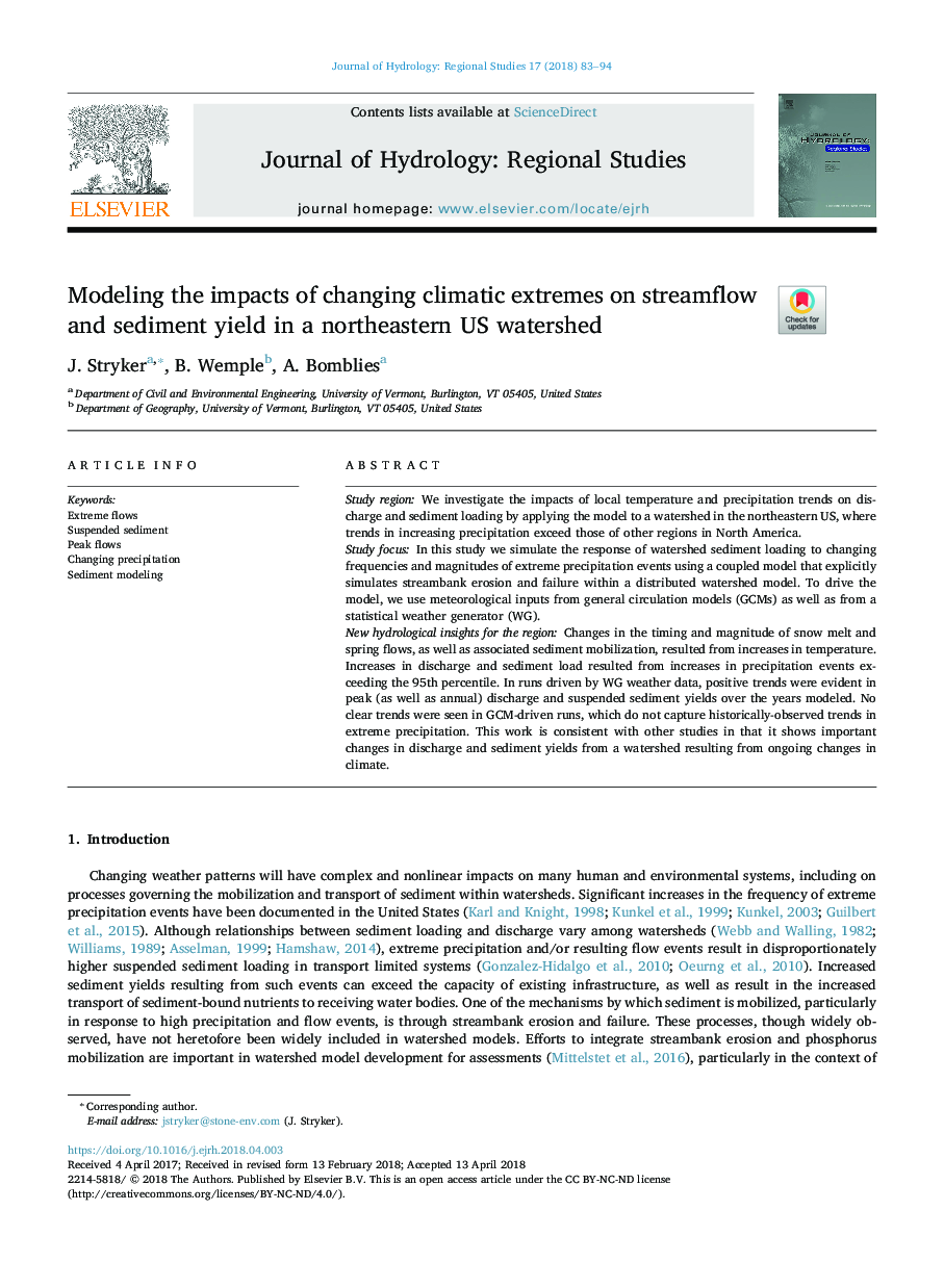 Modeling the impacts of changing climatic extremes on streamflow and sediment yield in a northeastern US watershed