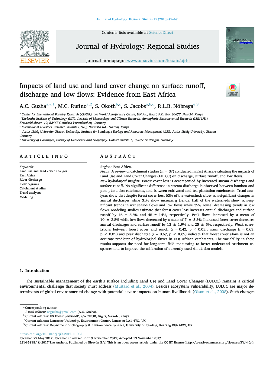 اثرات استفاده از زمین و پوشش زمین در رواناب سطحی، تخلیه و جریان کم: شواهد از شرق آفریقا 