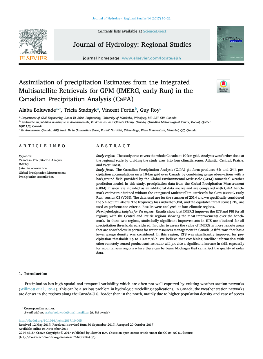 Assimilation of precipitation Estimates from the Integrated Multisatellite Retrievals for GPM (IMERG, early Run) in the Canadian Precipitation Analysis (CaPA)
