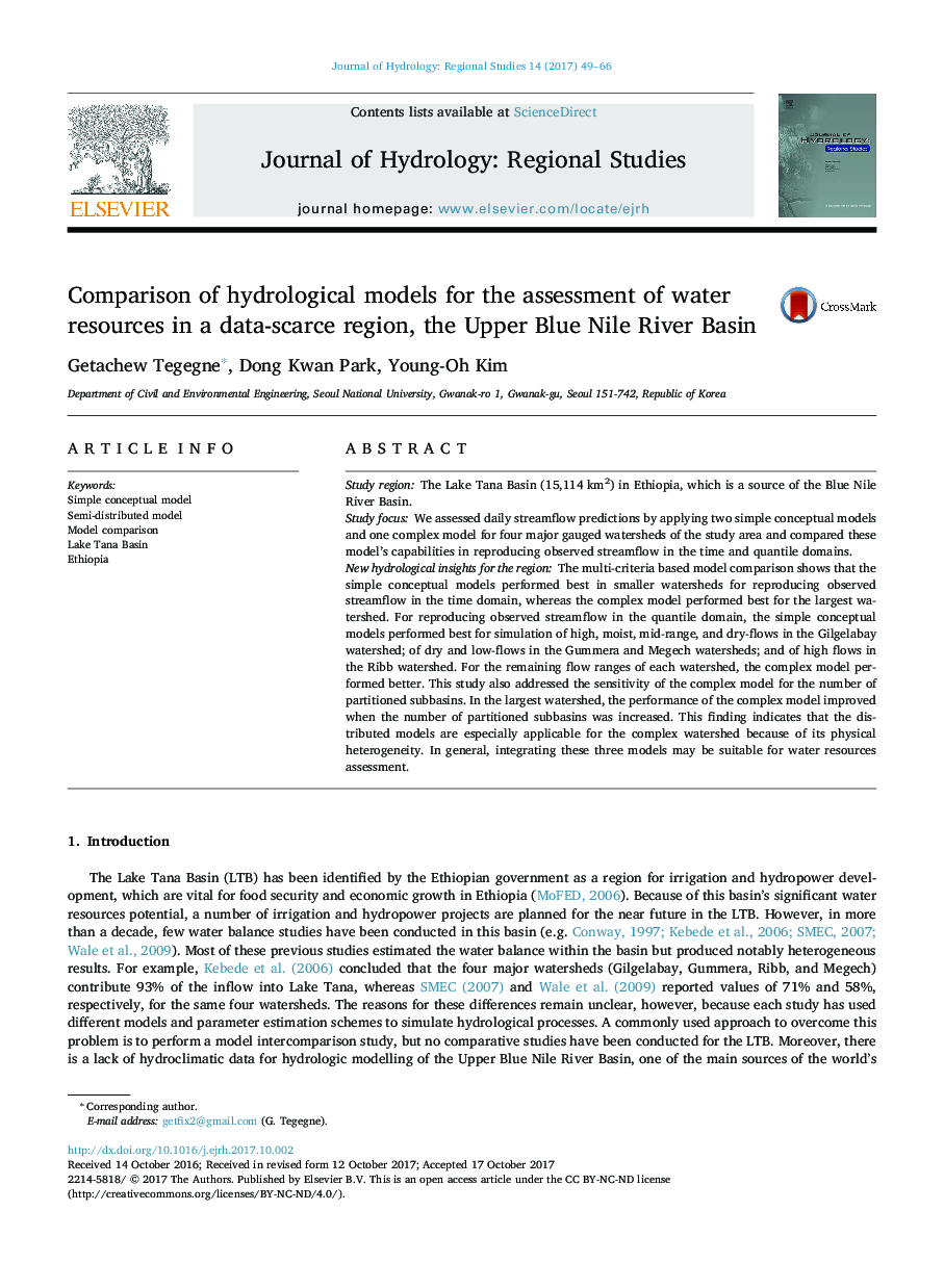 Comparison of hydrological models for the assessment of water resources in a data-scarce region, the Upper Blue Nile River Basin