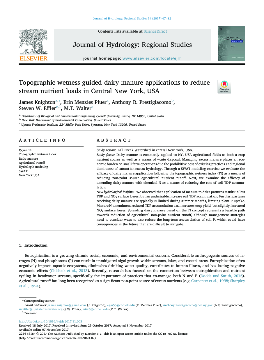 Topographic wetness guided dairy manure applications to reduce stream nutrient loads in Central New York, USA