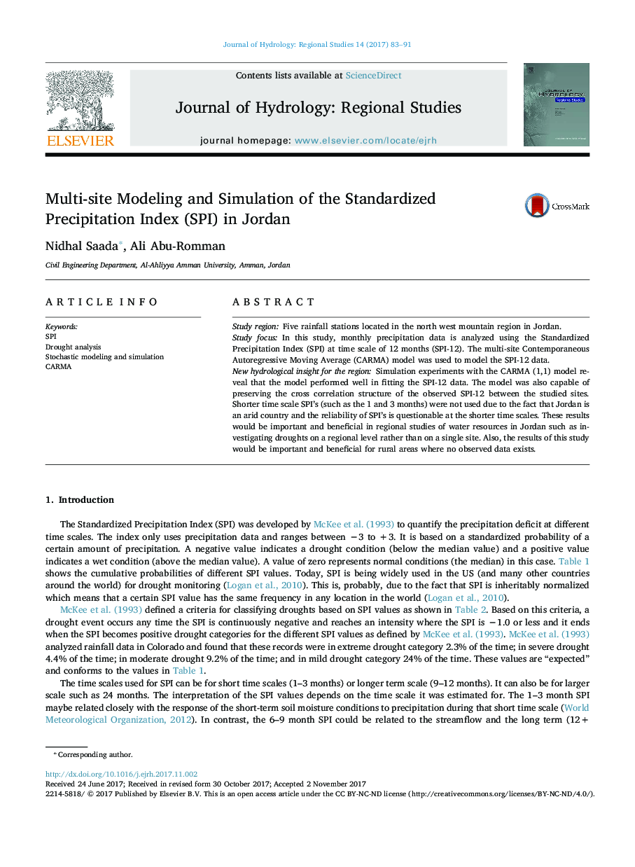Multi-site Modeling and Simulation of the Standardized Precipitation Index (SPI) in Jordan