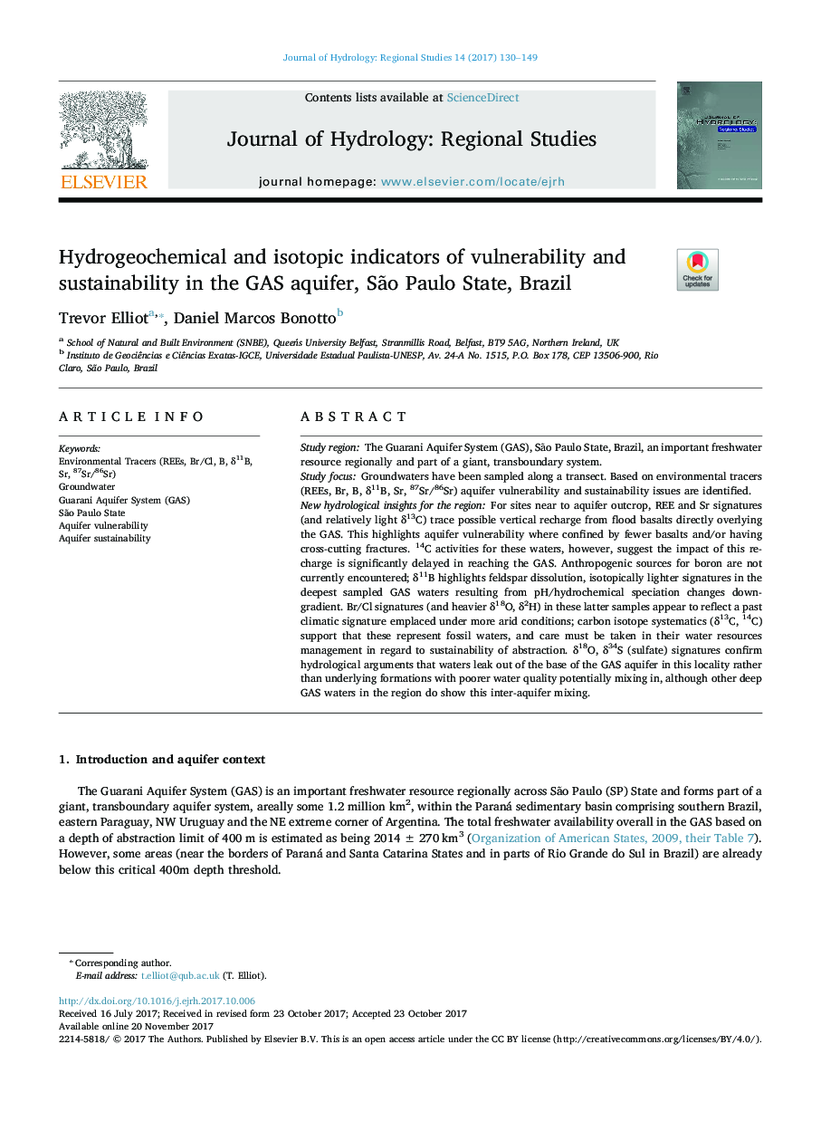 Hydrogeochemical and isotopic indicators of vulnerability and sustainability in the GAS aquifer, SÃ£o Paulo State, Brazil