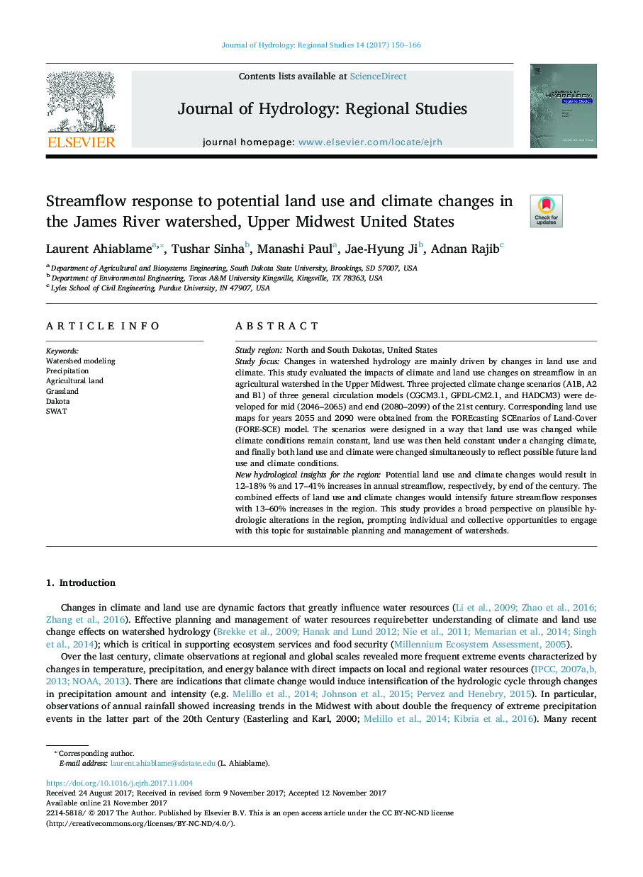 عکس صفحه اول مقاله: Streamflow response to potential land use and climate changes in the James River watershed, Upper Midwest United States Streamflow response to potential land use and climate changes in the James River watershed, Upper Midwest United States