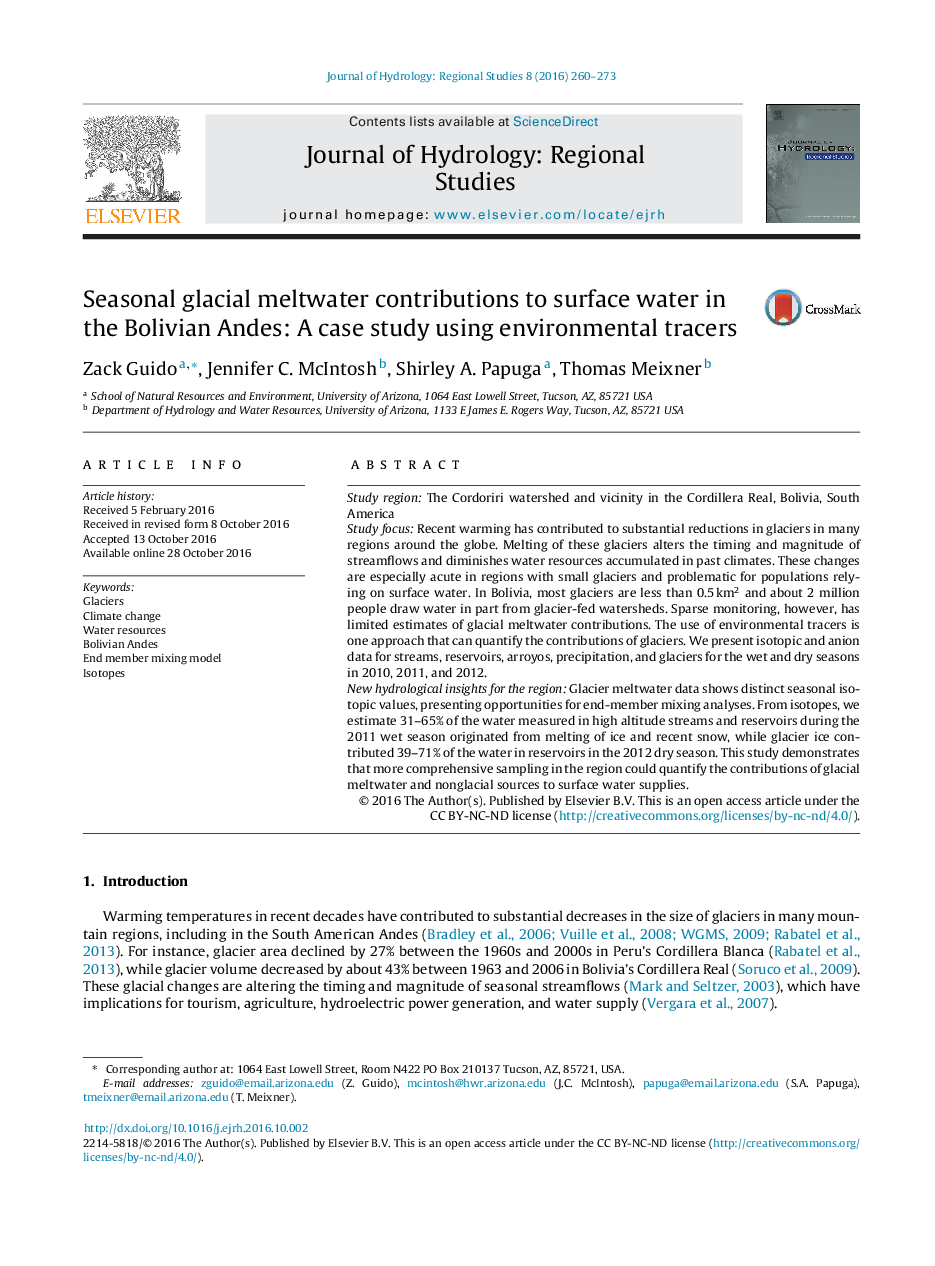 Seasonal glacial meltwater contributions to surface water in the Bolivian Andes: A case study using environmental tracers