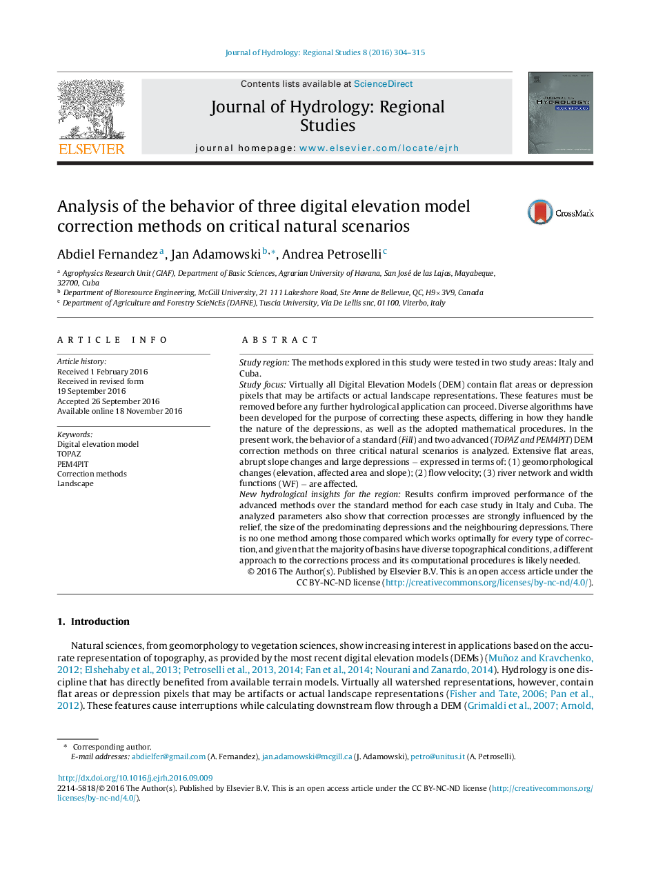 Analysis of the behavior of three digital elevation model correction methods on critical natural scenarios