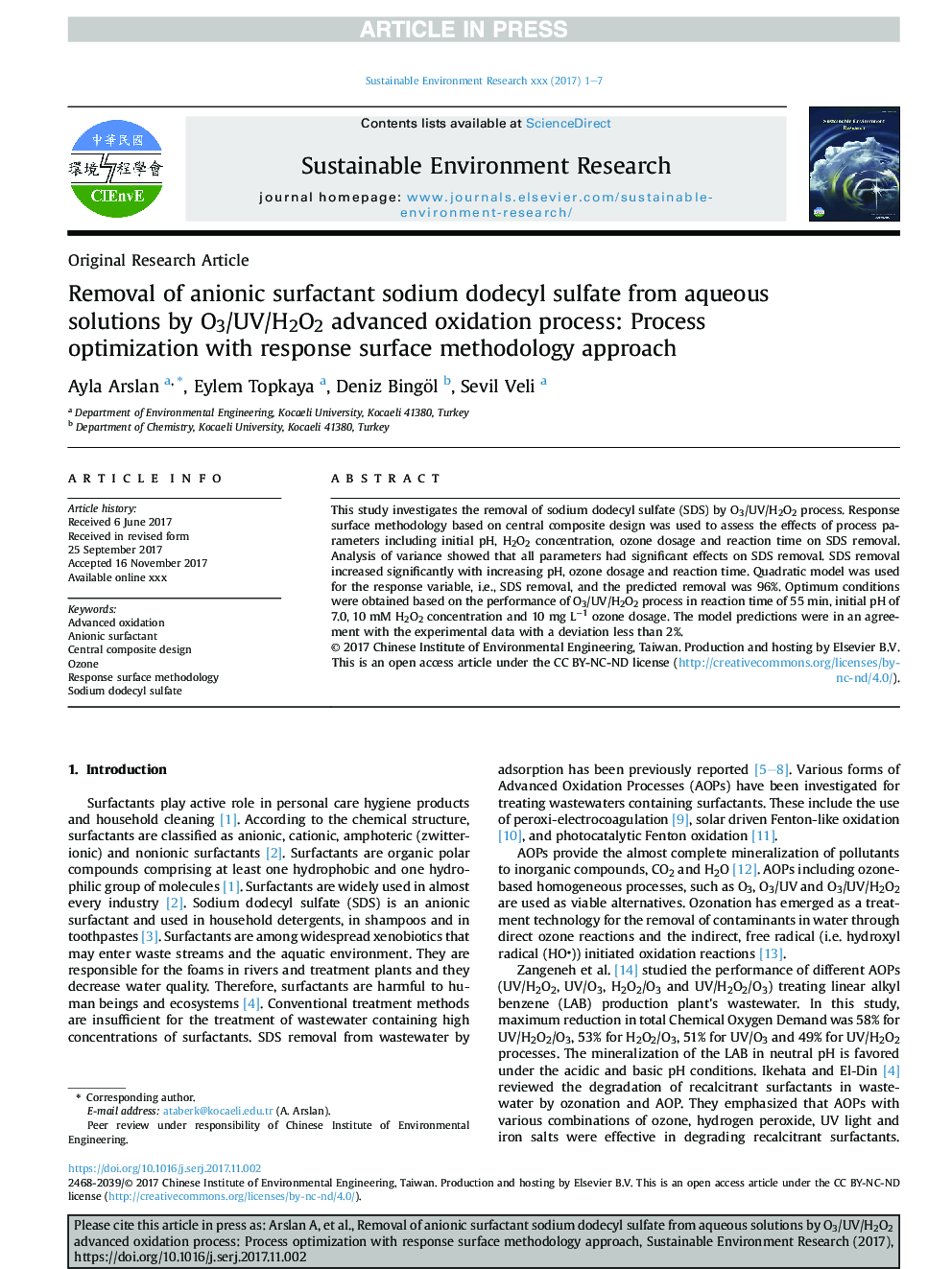 Removal of anionic surfactant sodium dodecyl sulfate from aqueous solutions by O3/UV/H2O2 advanced oxidation process: Process optimization with response surface methodology approach