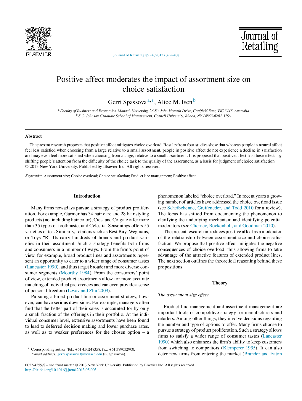 Positive affect moderates the impact of assortment size on choice satisfaction