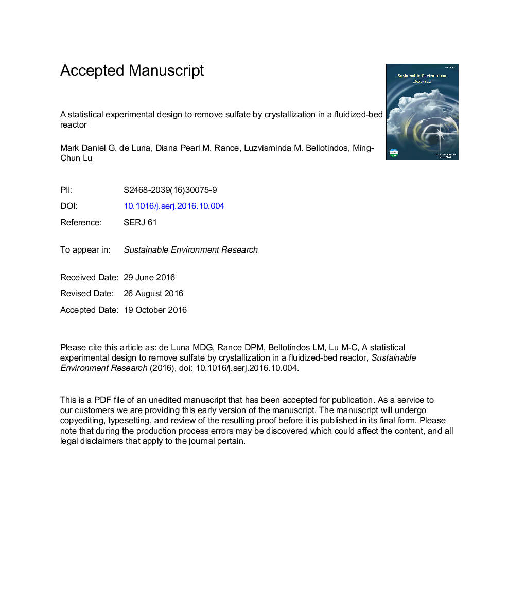 یک طرح آزمایشی آماری برای حذف سولفات توسط کریستالیزاسیون در یک رآکتور بستر سیال 