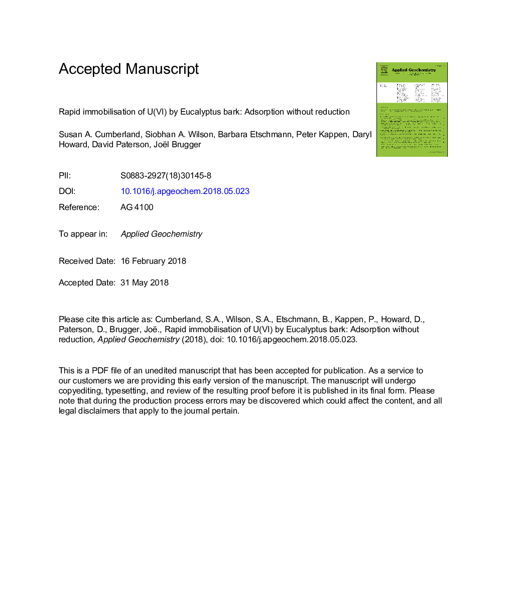 Rapid immobilisation of U(VI) by Eucalyptus bark: Adsorption without reduction