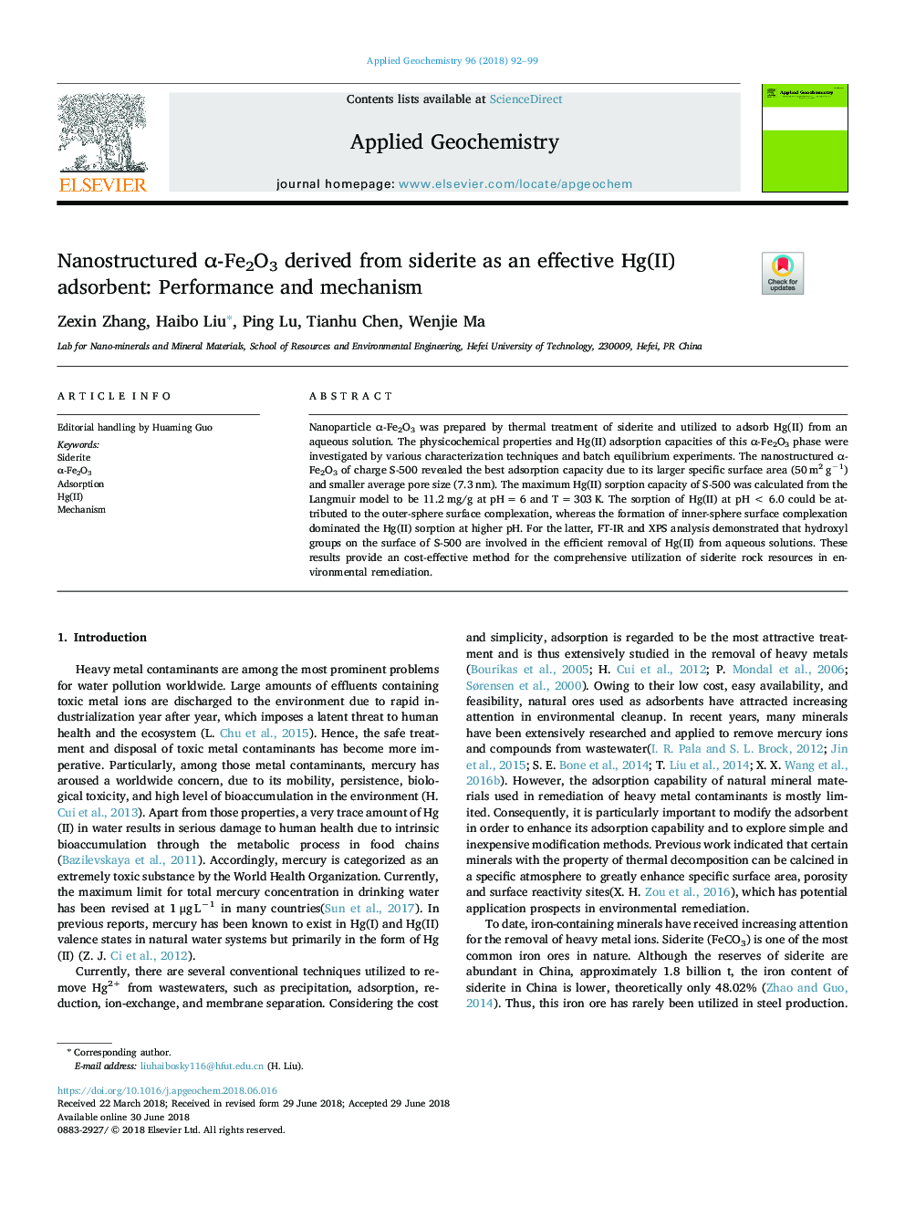 Nanostructured Î±-Fe2O3 derived from siderite as an effective Hg(II) adsorbent: Performance and mechanism