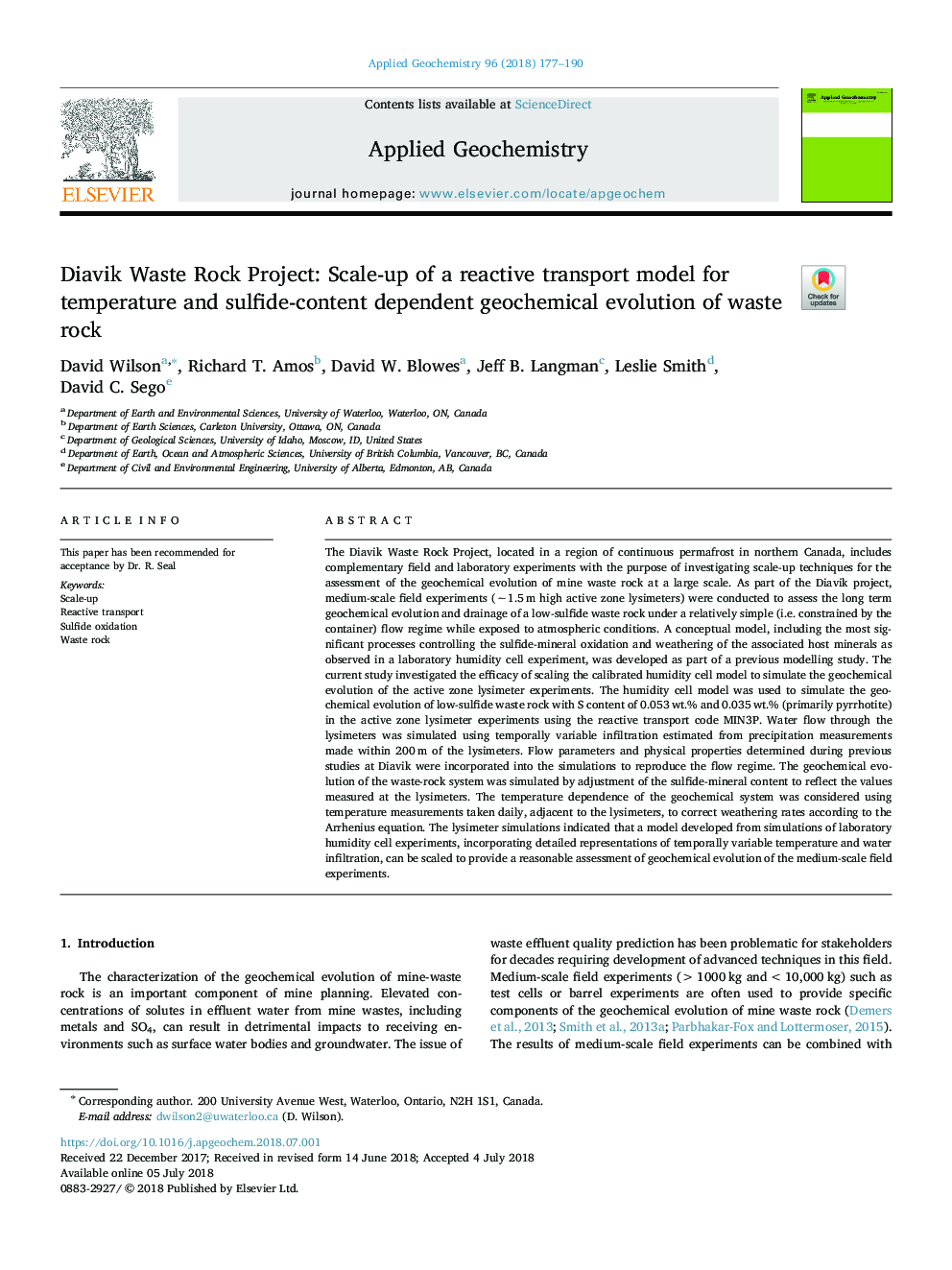 Diavik Waste Rock Project: Scale-up of a reactive transport model for temperature and sulfide-content dependent geochemical evolution of waste rock