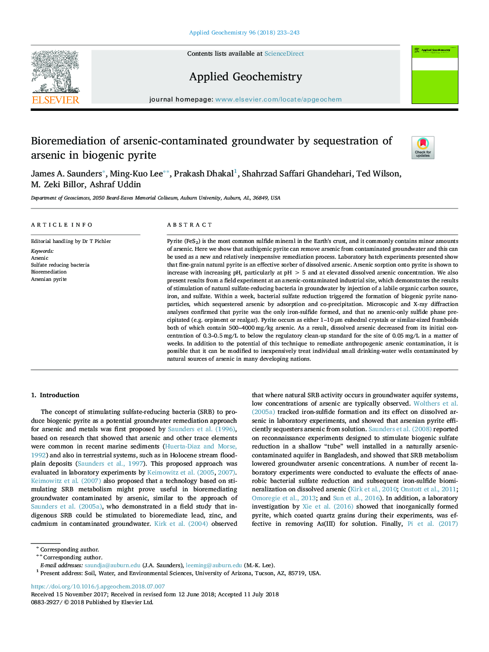 Bioremediation of arsenic-contaminated groundwater by sequestration of arsenic in biogenic pyrite
