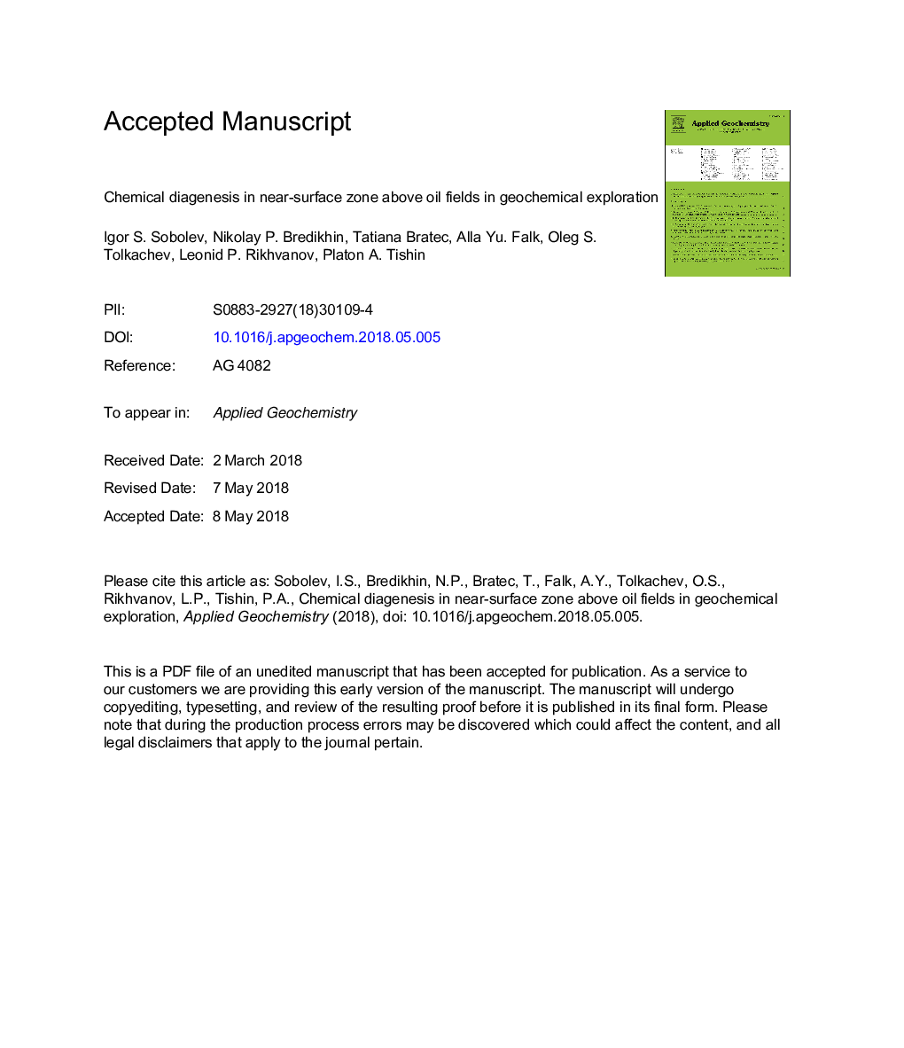 Chemical diagenesis in near-surface zone above oil fields in geochemical exploration