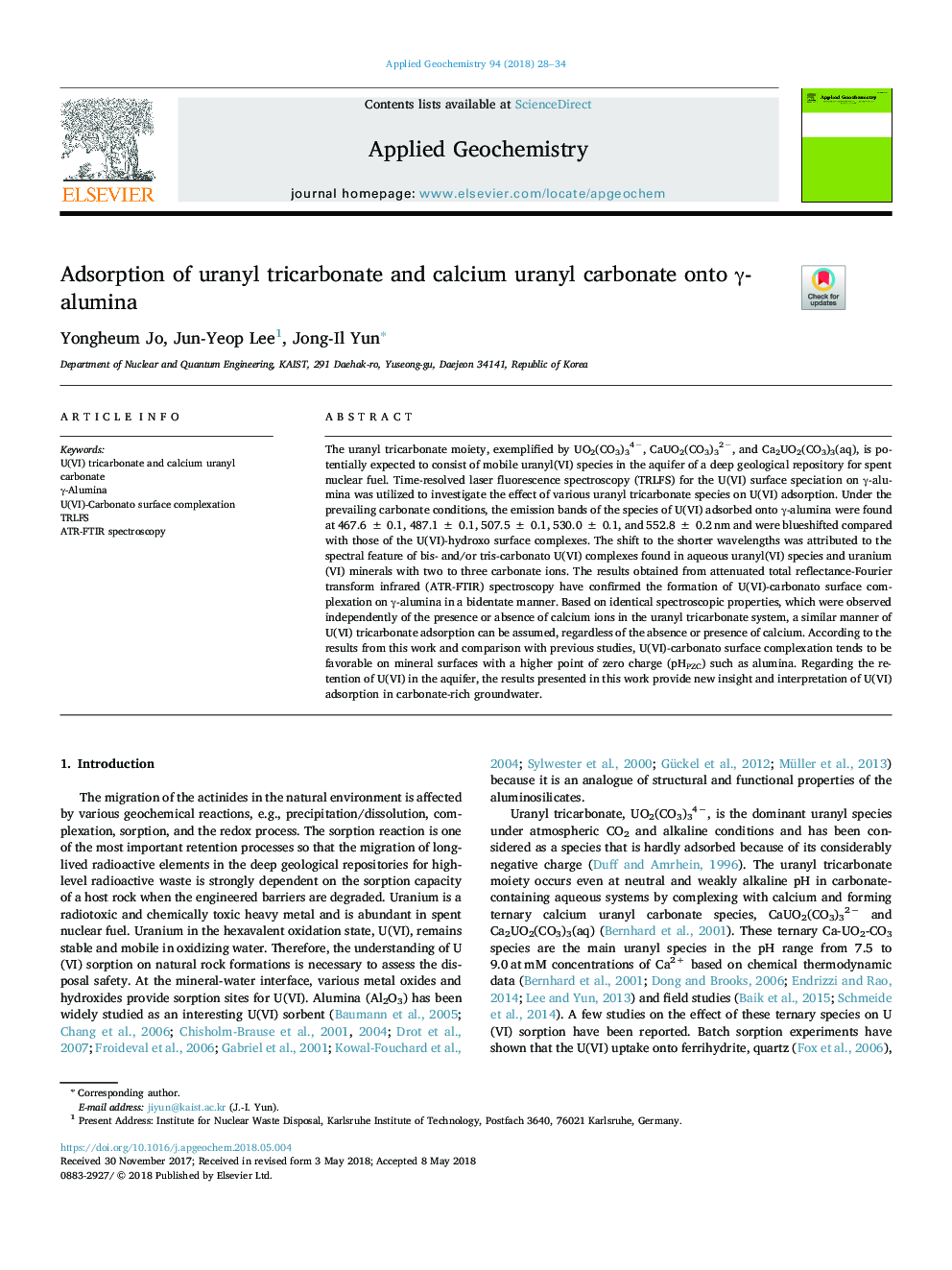 Adsorption of uranyl tricarbonate and calcium uranyl carbonate onto Î³-alumina