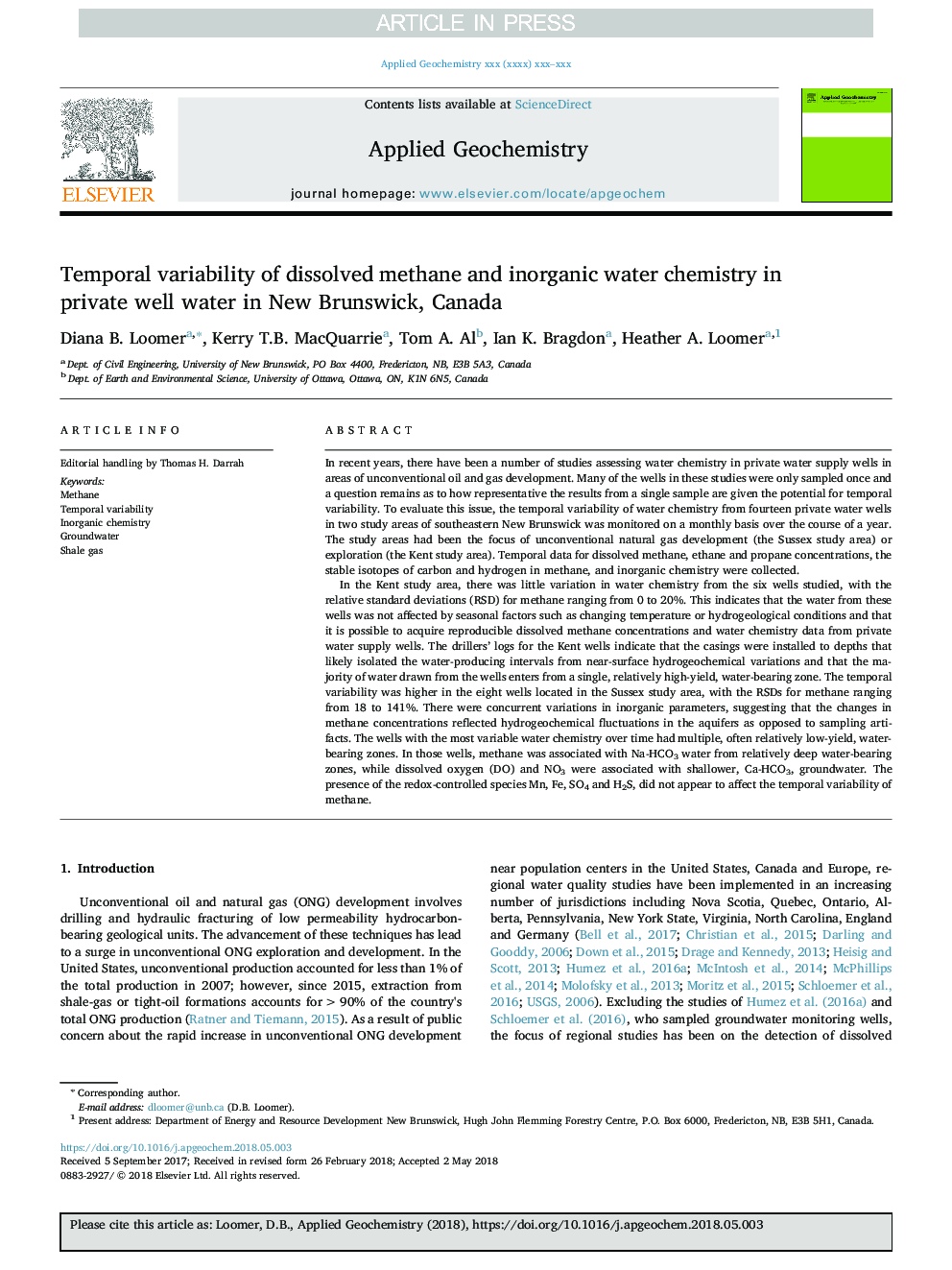 Temporal variability of dissolved methane and inorganic water chemistry in private well water in New Brunswick, Canada