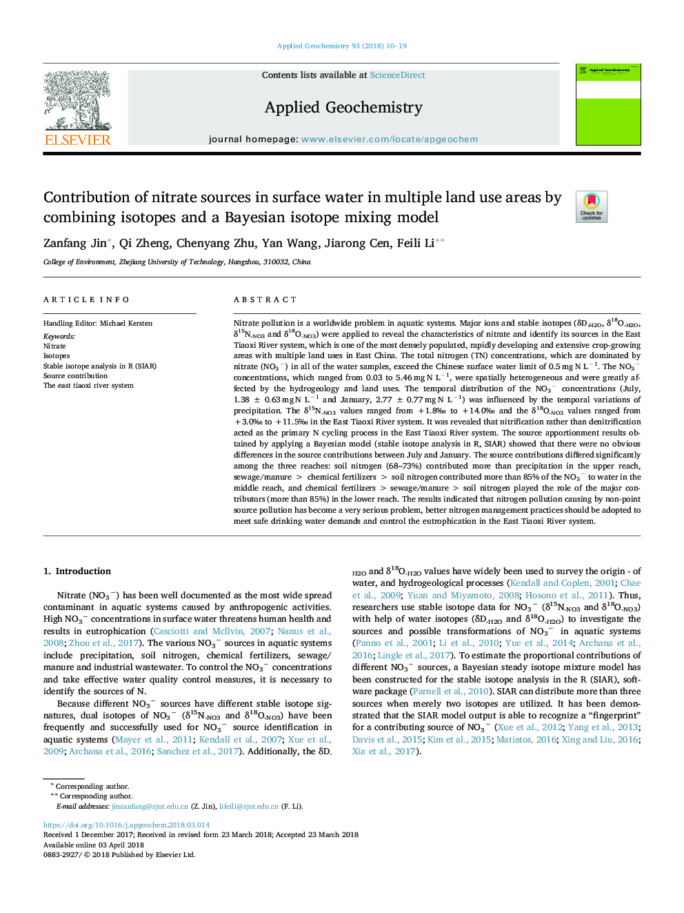 Contribution of nitrate sources in surface water in multiple land use areas by combining isotopes and a Bayesian isotope mixing model