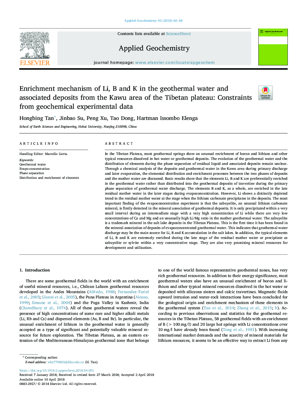 Enrichment mechanism of Li, B and K in the geothermal water and associated deposits from the Kawu area of the Tibetan plateau: Constraints from geochemical experimental data