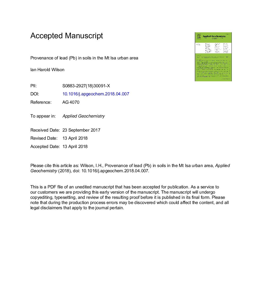 Provenance of lead (Pb) in soils in the Mt Isa urban area