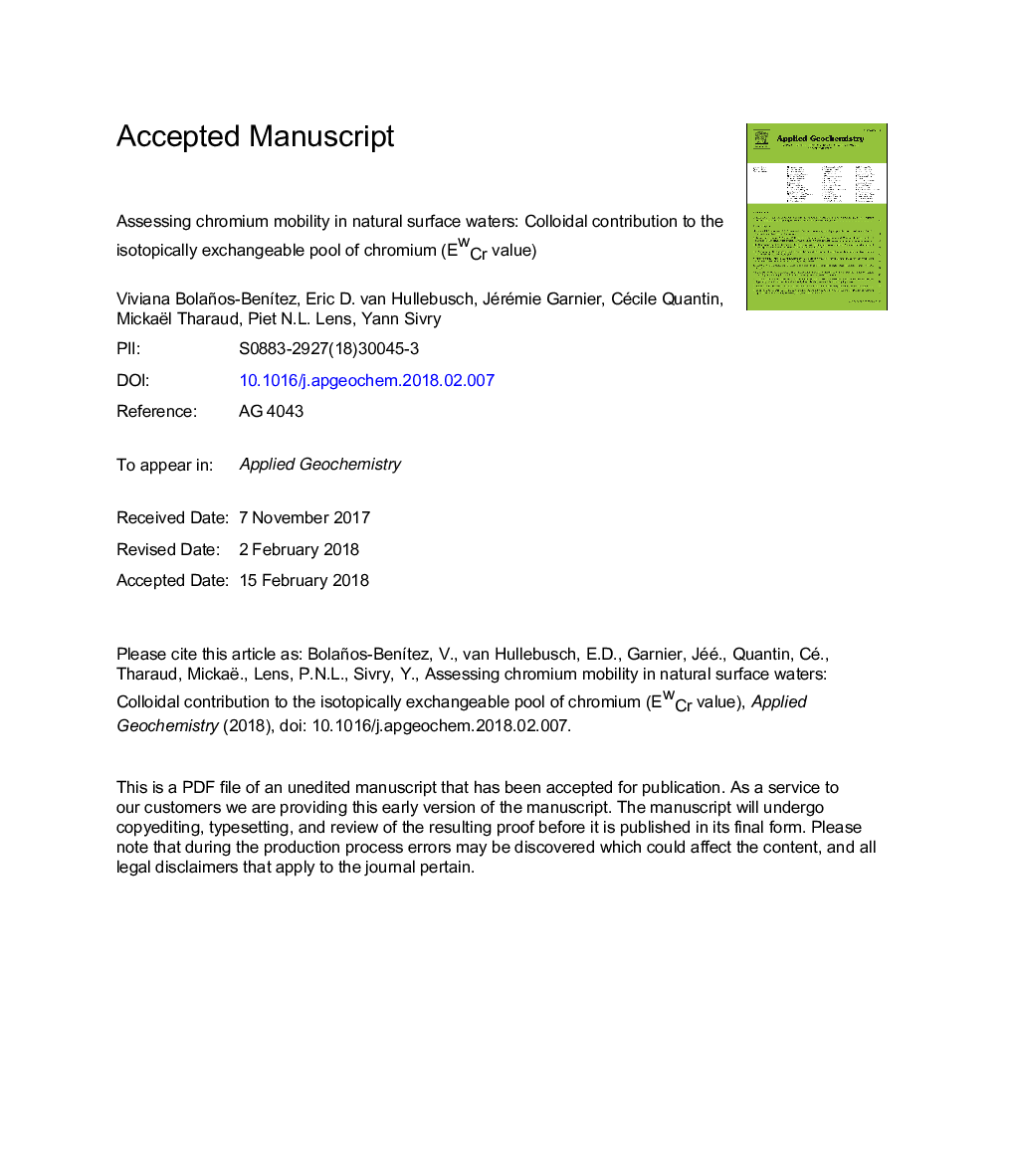 Assessing chromium mobility in natural surface waters: Colloidal contribution to the isotopically exchangeable pool of chromium (EwCr value)