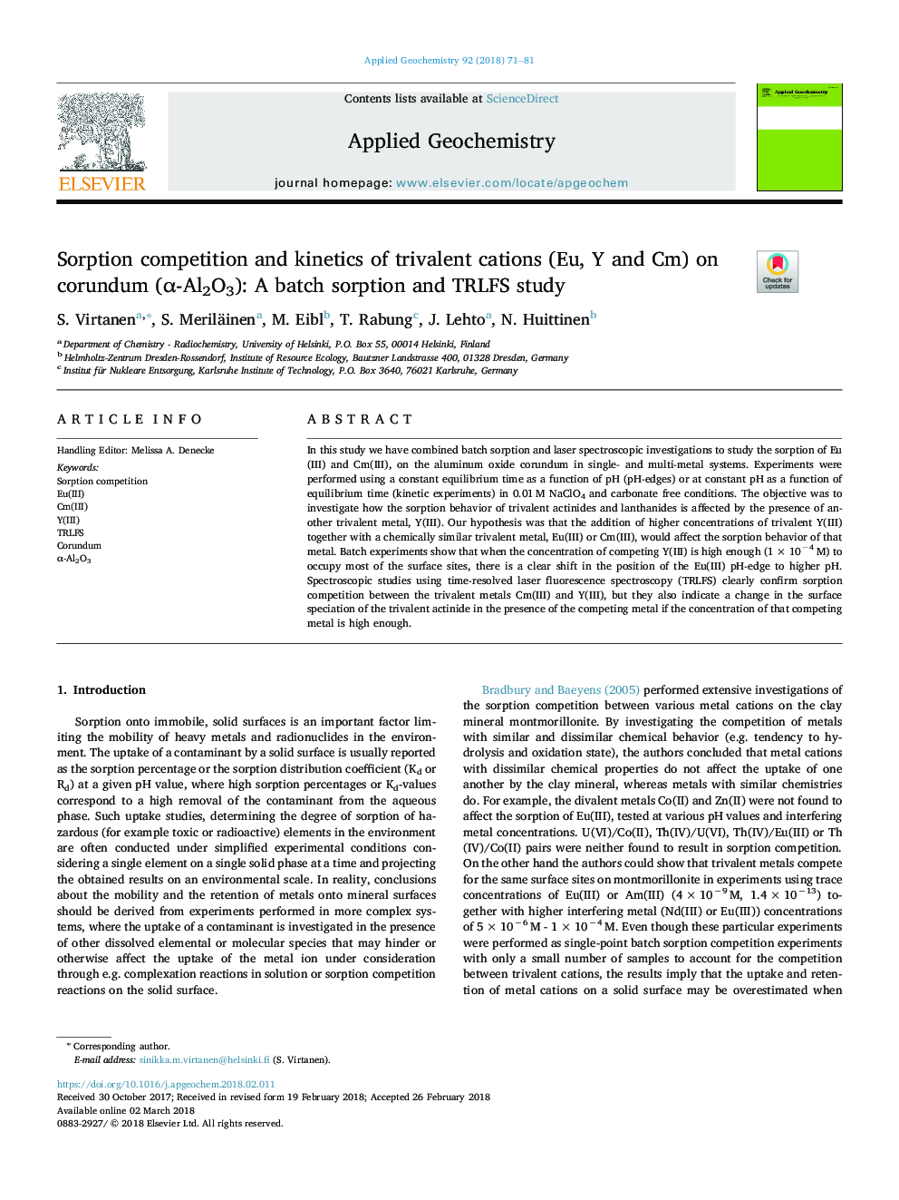 Sorption competition and kinetics of trivalent cations (Eu, Y and Cm) on corundum (Î±-Al2O3): A batch sorption and TRLFS study