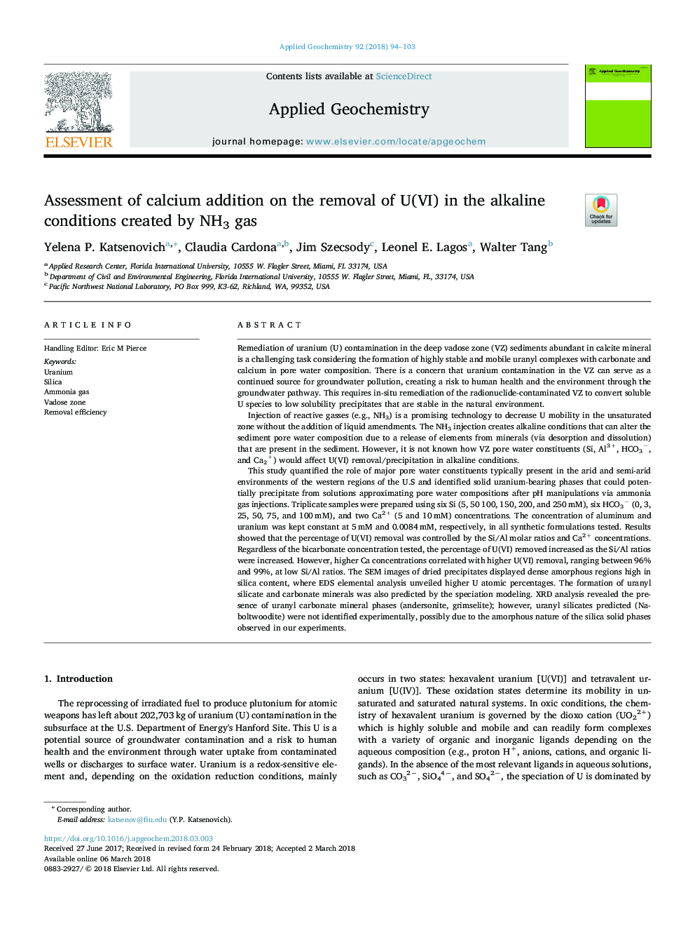 Assessment of calcium addition on the removal of U(VI) in the alkaline conditions created by NH3 gas