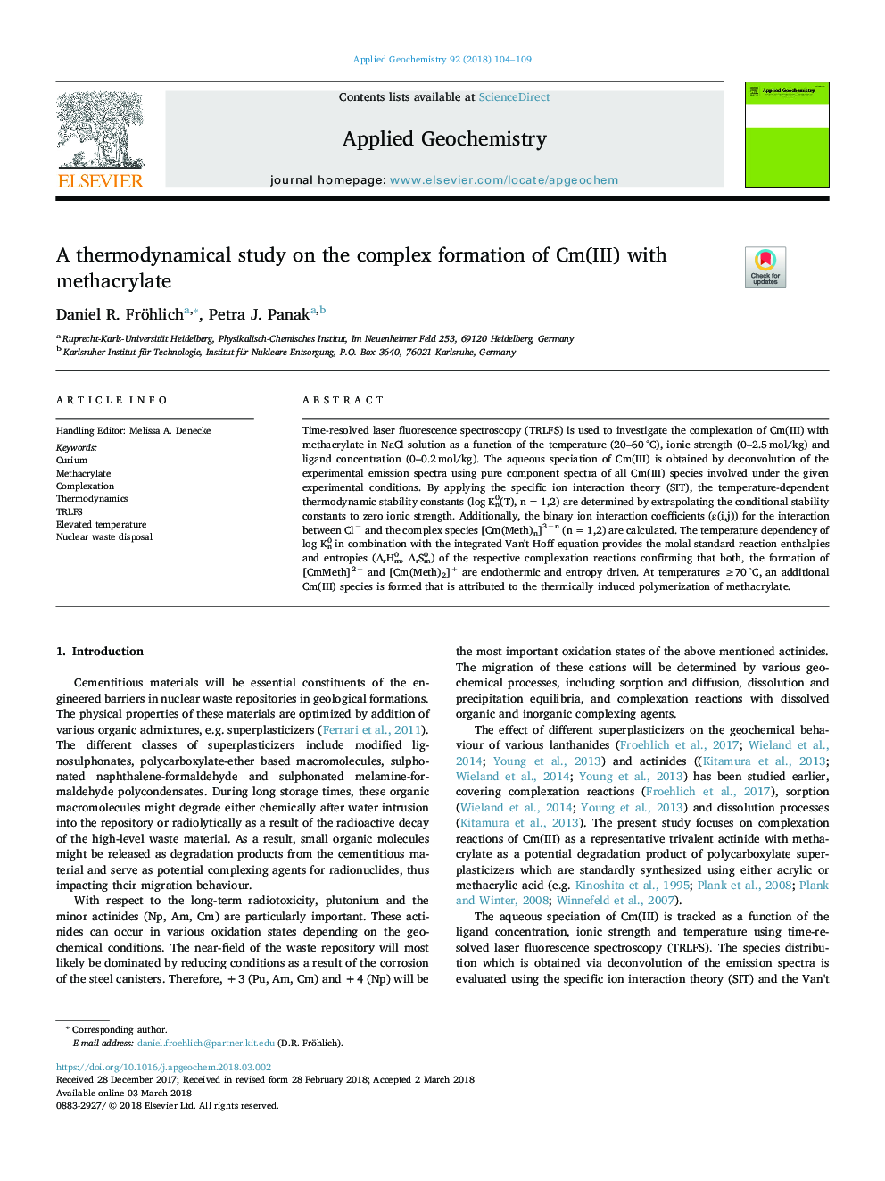 A thermodynamical study on the complex formation of Cm(III) with methacrylate