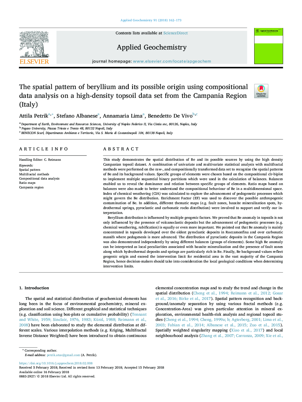 The spatial pattern of beryllium and its possible origin using compositional data analysis on a high-density topsoil data set from the Campania Region (Italy)