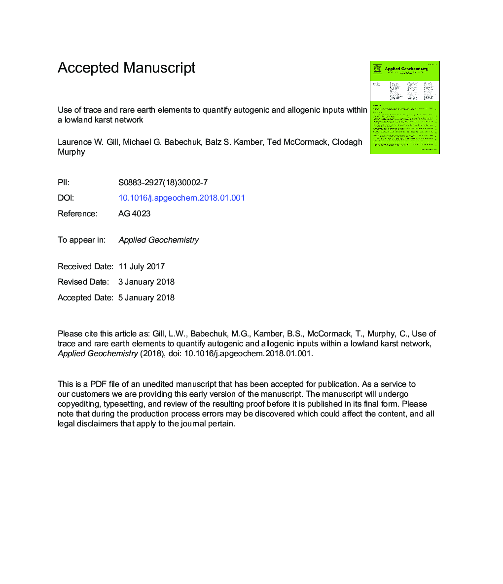 Use of trace and rare earth elements to quantify autogenic and allogenic inputs within a lowland karst network