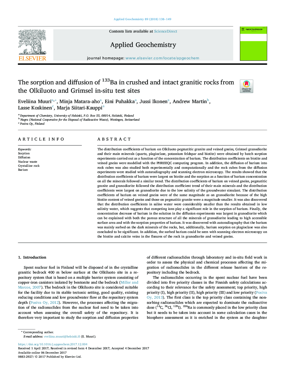 The sorption and diffusion of 133Ba in crushed and intact granitic rocks from the Olkiluoto and Grimsel in-situ test sites