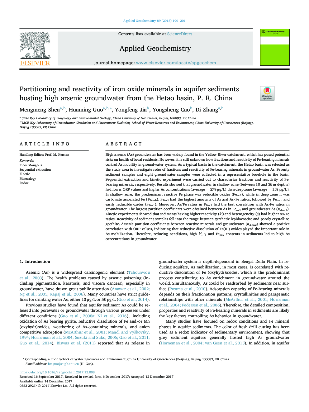 Partitioning and reactivity of iron oxide minerals in aquifer sediments hosting high arsenic groundwater from the Hetao basin, P. R. China