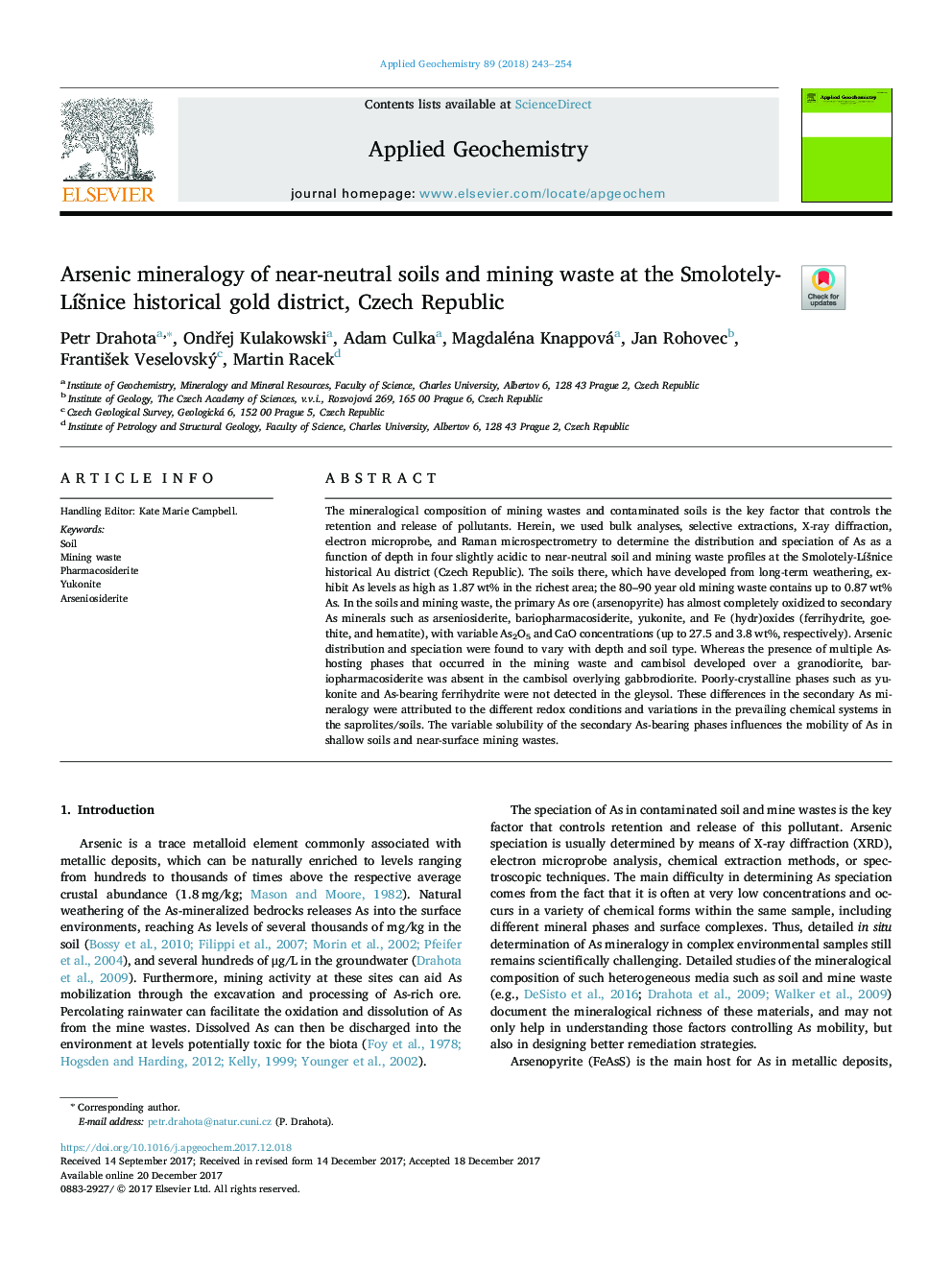 Arsenic mineralogy of near-neutral soils and mining waste at the Smolotely-LÃ­Å¡nice historical gold district, Czech Republic