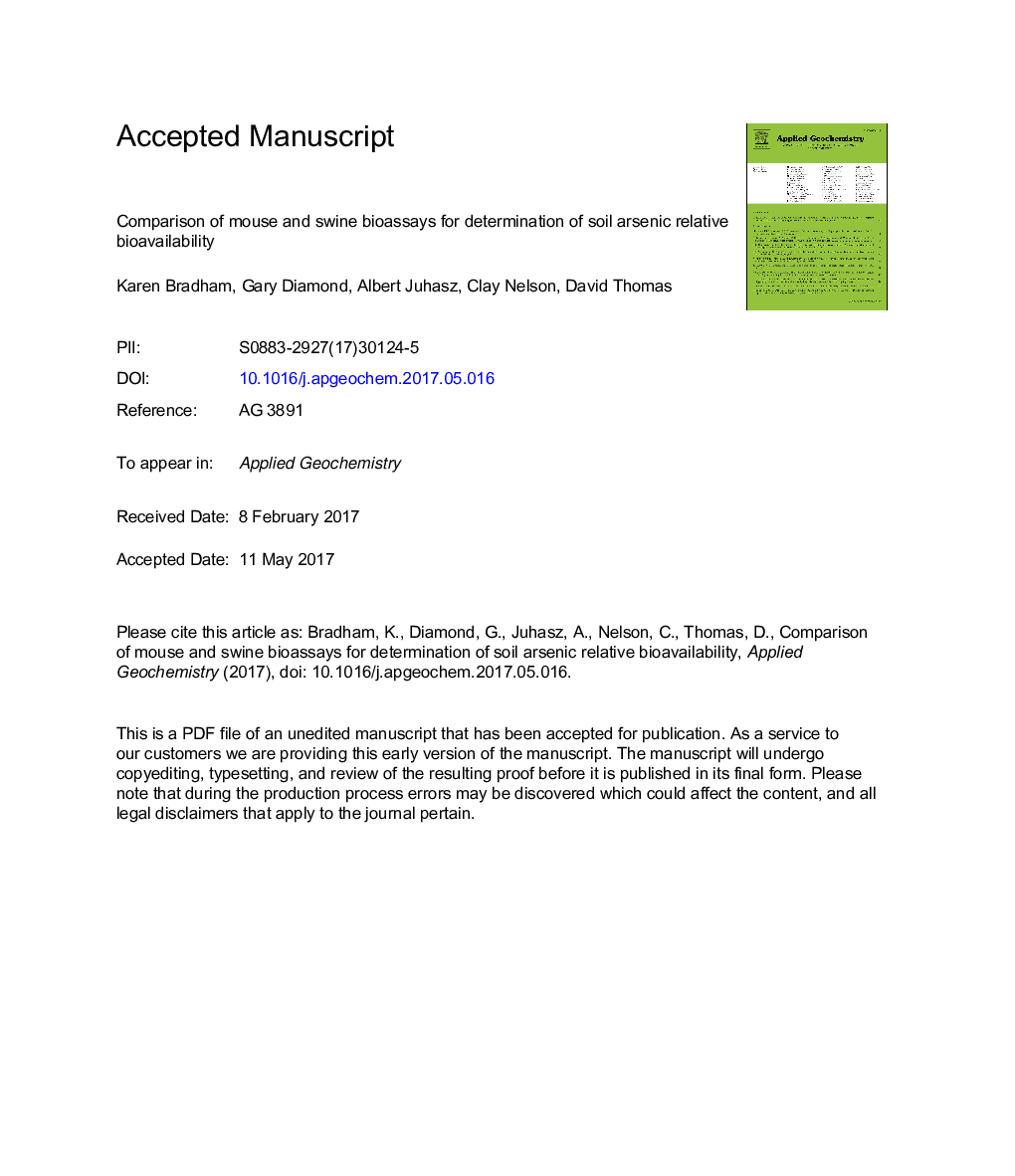 Comparison of mouse and swine bioassays for determination of soil arsenic relative bioavailability