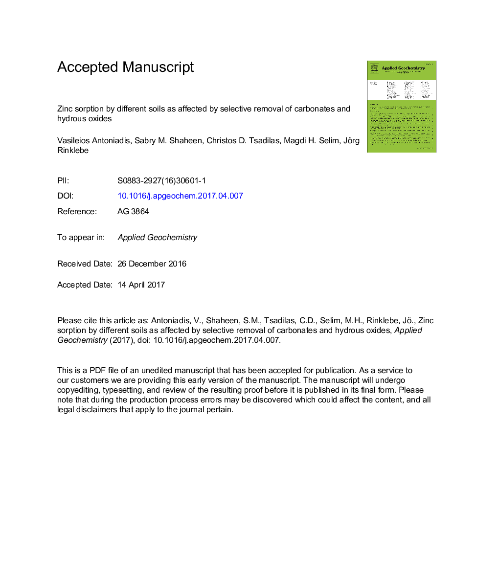 Zinc sorption by different soils as affected by selective removal of carbonates and hydrous oxides