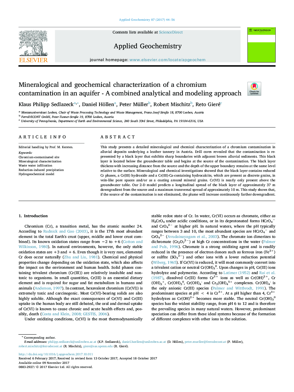 Mineralogical and geochemical characterization of a chromium contamination in an aquifer - A combined analytical and modeling approach